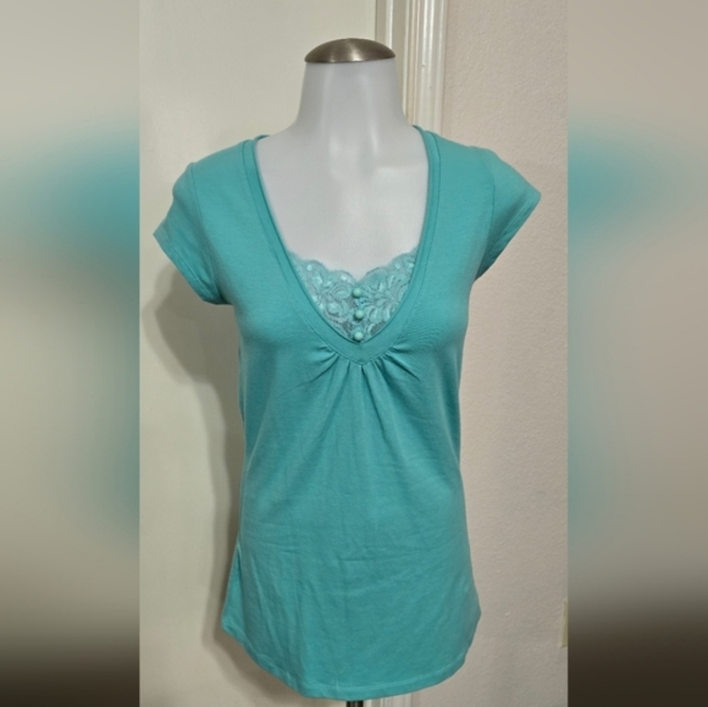 Lola Aqua Short Sleeve Top with Lace Detail